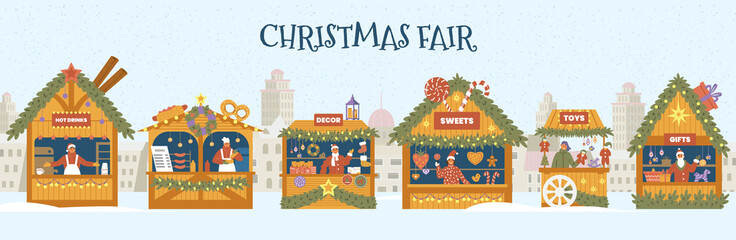 Christmas fair horizontal vector banner. Winter cityscape with  food, souvenirs, toys and decoration shops with sellers. - obrazy, fototapety, plakaty