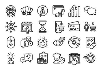 Vector set of Market seller, Time hourglass and Vinyl record line icons set. Calendar report, Money wallet and Credit card tag. Messenger, Capsule pill and Education icons. Vector