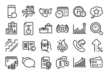 Vector set of Efficacy, 360 degree and Laureate line icons set. Calendar report, Money wallet and Credit card tag. Increasing percent, Select flight and Approved document icons. Vector