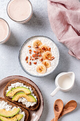 Protein rich breakfast with overnight oats, avocado toast and peanut butter shake