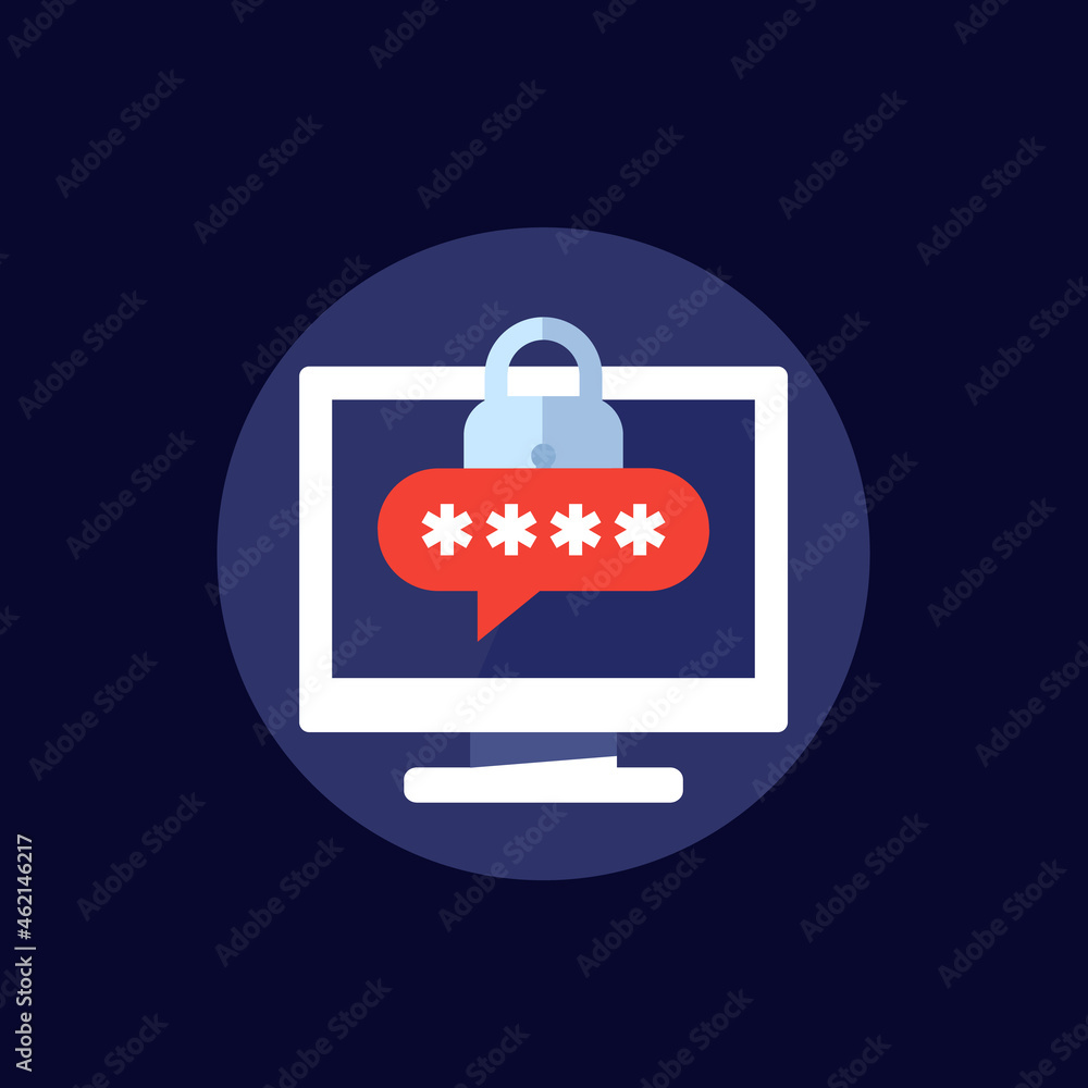 Poster computer with password access icon, flat style