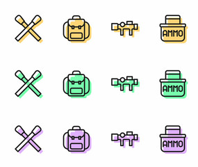 Set line Sniper optical sight, Burning match with fire, Hiking backpack and Ammunition box icon. Vector