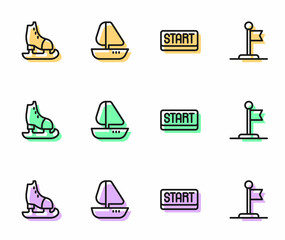 Set line Ribbon in finishing line, Skates, Yacht sailboat and Flag icon. Vector