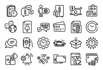 Fototapeta premium Vector set of Car, Quick tips and Exam time line icons set. Calendar report, Money wallet and Credit card tag. Online shopping, Thumb down and Notification bell icons. Vector