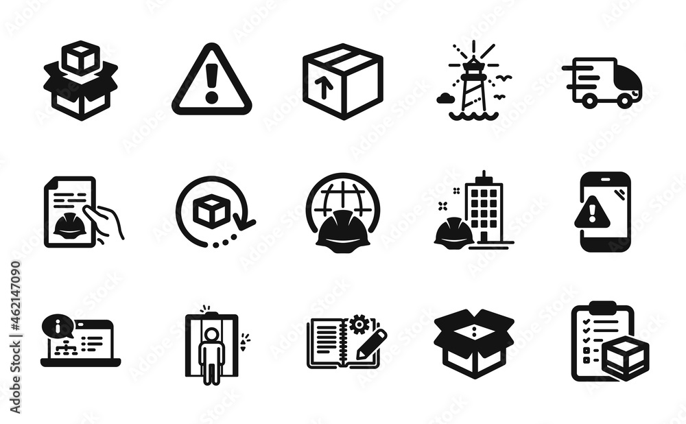 Poster vector set of global engineering, construction building and warning icons simple set. elevator, truc