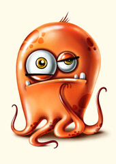 Funny cartoon orange monster with tentacles