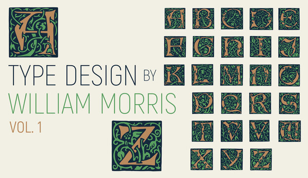 William Morris typography, initials with foliage. Type design with branches, foliage and flowers. Poster, invitation, wedding card, book cover design. Capital letters from Arts & Craft movement. 1890