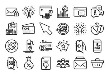 Vector set of Fireworks, Thumb down and Secure mail line icons set. Calendar report, Money wallet and Credit card tag. Health app, No puzzle and Seo message icons. Vector