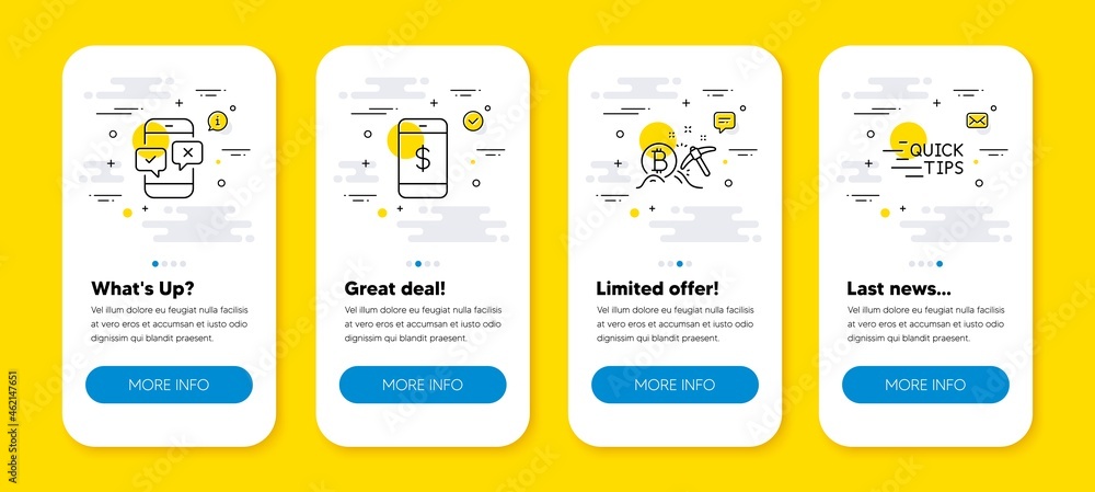 Poster vector set of smartphone payment, bitcoin mining and phone survey line icons set. ui phone app scree