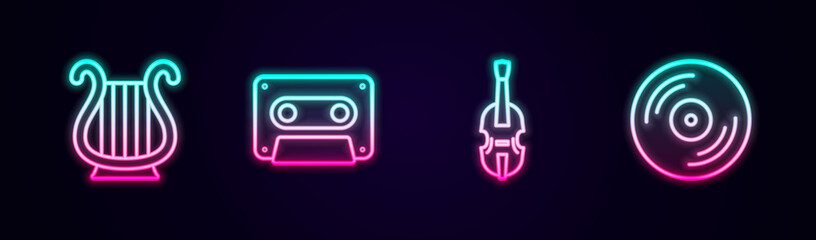 Set line Ancient Greek lyre, Retro audio cassette tape, Violin and Vinyl disk. Glowing neon icon. Vector