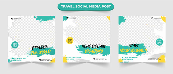 Set of journey tourism holiday sale social media post template web banner flyer or poster for travelling agency business offer promotion design