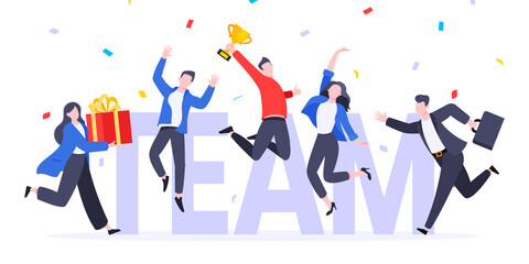 Happy business employee team winners award ceremony flat style design vector illustration. Employee recognition and best worker competition award team celebrating victory winner business concept.