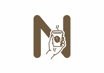 Brown color of N initial letter with line art coffee cup