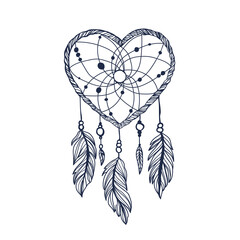 Hand drawn Native American Indian talisman dreamcatcher heart with feathers. Vector hipster illustration isolated on white. Ethnic design, boho chic, tribal symbol. Coloring book for adults. - obrazy, fototapety, plakaty