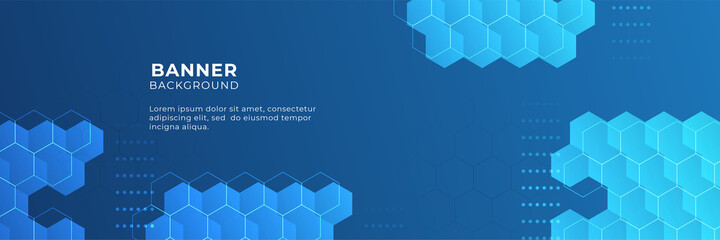 Blue technology digital banner design with hexagone