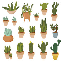 House plants hand drawn clipart set. Indoor plants in pots - peace lily, succulent, aloe vera, cacti, ficus and calathea.