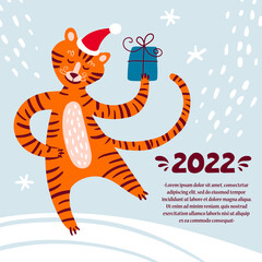 Vector illustration with cartoon funny tiger with gift. Colorful poster on the theme of Happy New Year, Merry Christmas, winter