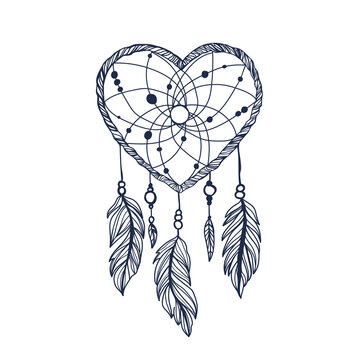 Hand drawn Native American Indian talisman dreamcatcher heart with feathers. Vector hipster illustration isolated on white. Ethnic design, boho chic, tribal symbol. Coloring book for adults.