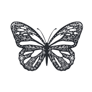 Cute butterfly with ornament. Background, cover. Design for coloring page