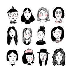 Doodle style people faces. Girls on a white background. Faces of girls, emotions.
