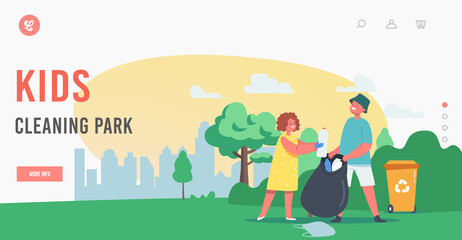 Kids Cleaning Park Landing Page Template. Little Girl and Boy Collect Garbage into Trash Sack and Recycling Litter Bin