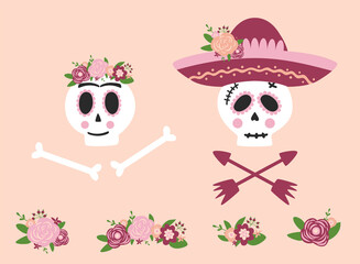 Day dead skull woman and man set. Mexican skull flower sombrero. Dia de los muertos skull. Symbol of day dead isolated vector illustration. Cute skull graphic element Pink floral spooky logo. Spanish.