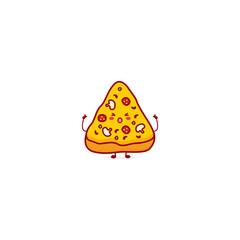 Cute funny pizza currency character. Vector hand drawn cartoon mascot character illustration icon. Isolated on white background. fast food character concept