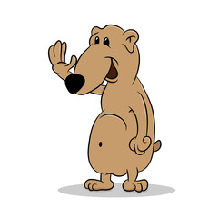 Cute cartoon bear with a waving hand on a white background, vector illustration