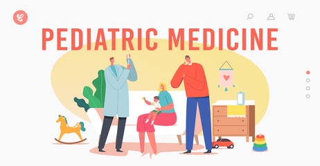 Pediatric Medicine Landing Page Template. Baby Examined by Pediatrician at Home, Doctor Prepare Vaccine to Little Child