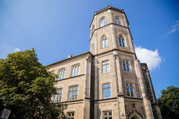 Fototapeta na wymiar Goerlitz, Saxony, Germany, 04 September 2021: Klosterschule or Monastery school, Augustum-Annen-Gymnasium at sunny summer day, picturesque street with gothic and renaissance historical buildings