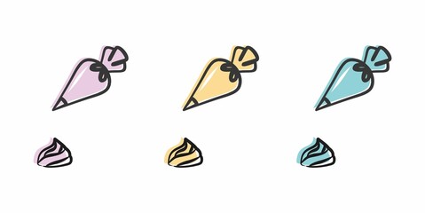 Three multicolored pastry bags that squeeze out the cream. Making marshmallows. Confectionery tools. Vector illustration of a pastry bag. Emblem for a pastry chef.