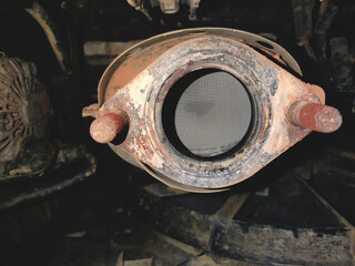 catalyst, vehicle exhaust gas neutralizer. Close-up view. Emission standards for harmful...