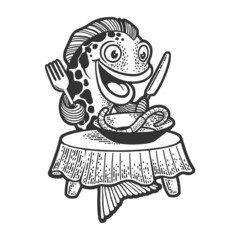 cartoon fish lunch sketch engraving vector illustration. T-shirt apparel print design. Scratch board imitation. Black and white hand drawn image.