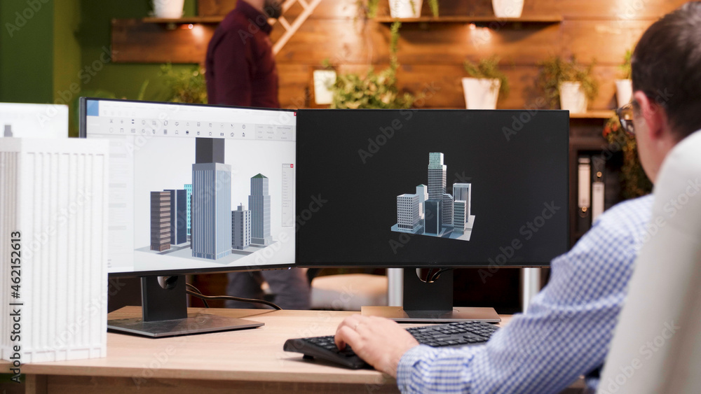 Poster Engineer man working at architectural building prototype on computer using digital company software. Workaholic architect developing industrial construction structure for creativity project