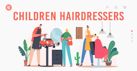 Hairdresser Salon for Children Landing Page Template. Master Cut Hairs and Making Hairstyle to Little Boy and Teen Girl