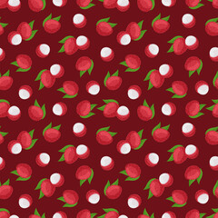 Seamless pattern with lychee fruit on a dark background.