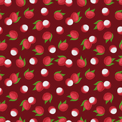 Seamless pattern with lychee fruit on a dark background.