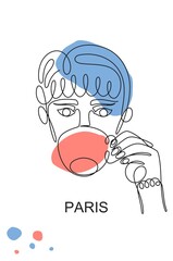 Beautiful girl with cup of coffee. Paris motives. Trendy poster with minimal female face. Continuous line design. Vector template