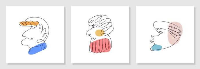 Trendy abstract faces set. Funny caricatures. Side view in profile. Contemporary minimal lineart vector design