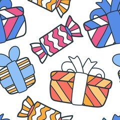 Seamless pattern. Holiday packages with gifts. Gift boxes. Cute cartoon graphics. Vector art