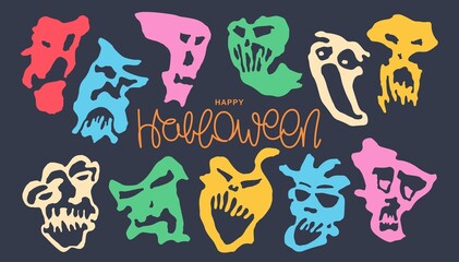 Halloween monsters set. Abstract minimalistic illustration. Hand-drawn surreal faces. Trendy aesthetic vector template
