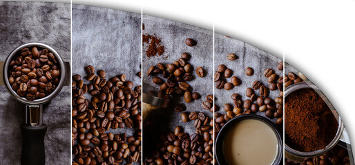 Coffee beans background. Banner. Coffee collage. Portafilter.