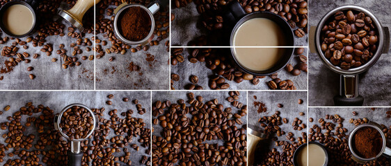 Coffee beans background. Banner. Coffee collage. Portafilter.