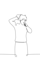man stands wiping his wet hair after taking a shower and at the same time brushes his teeth - one line drawing. concept of morning packing and rushing to work or school