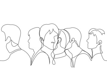 face of a man looking at the viewer while the others are looking in the other direction - one line drawing. concept of a loner against the crowd, stranger among their own, go their own way