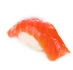 Japanese cuisine. Salmon sushi nigiri isolated on white background.