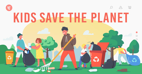 Kids Save the Planet Landing Page Template. Children Characters Cleaning Garden, Garbage Recycling, Ecology Protection