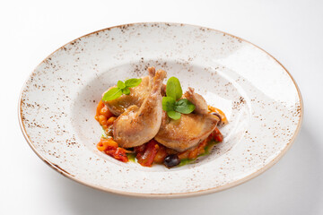 Roasted chicken with vegetables on white plate in the restaurant, menu photo
