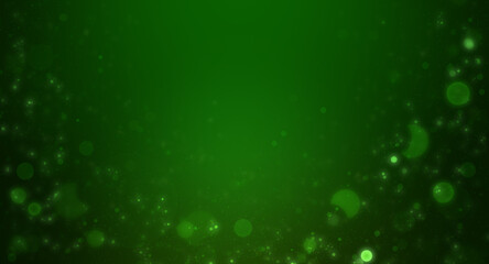 Green background with blurry lights. Christmas background, illustration. Snow flying on a green background with the possibility of overlaying.