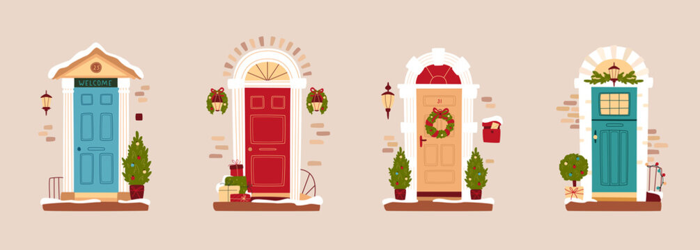 Set of winter doors decorated for Christmas. Traditional Christmas home decoration, Christmas wreath on the door in winter, lanterns and fir trees. Vector illustration